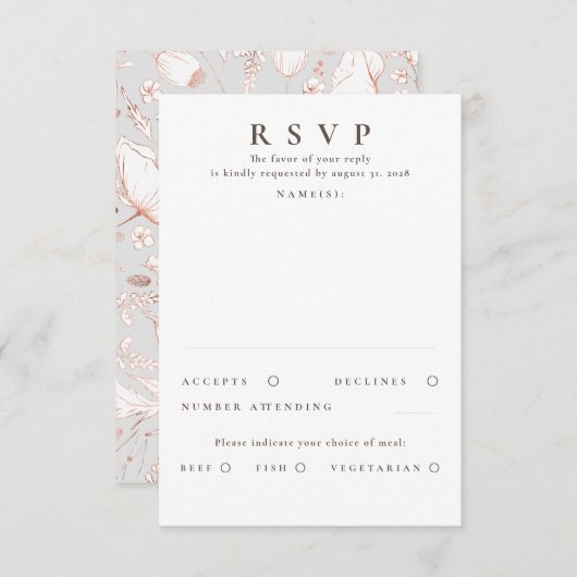 手描きワイルドフラワーズバラ金ゴールドウェディングRSVP 出欠カード (正面/裏面)