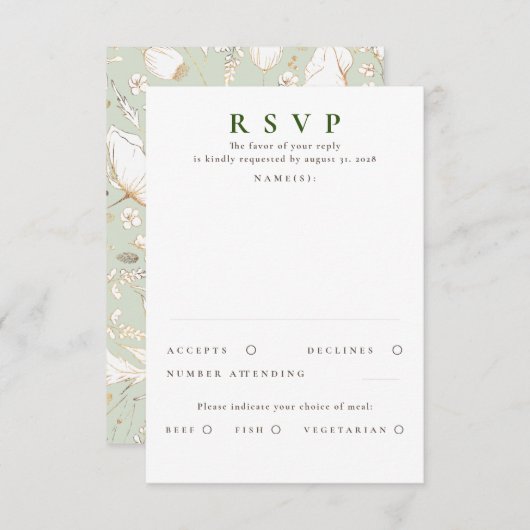 手描きワイルドフラワーズ金ゴールドウェディングRSVP 出欠カード (正面/裏面)