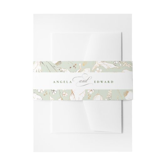 手描きワイルドフラワーセージ緑のエレガントな結婚式 招待状ベリーバンド (正面例)