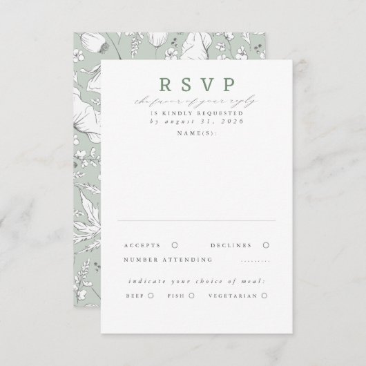 手描きワイルドフラワーセージ緑の結婚式RSVP 出欠カード (正面/裏面)