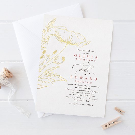 手描きワイルドフラワーダスティピンクエレガントな結婚式 箔招待状