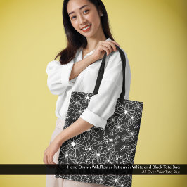 手描きワイルドフラワーパターン白黒 トートバッグ