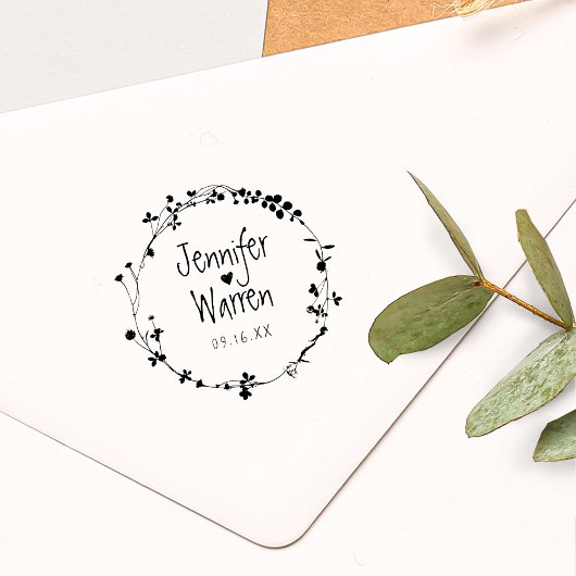 手描きワイルドフラワーパーソナライズされたリース結婚ズ ラバースタンプ