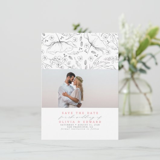 手描きワイルドフラワーピンク日付写真を保存 セーブザデート (スタンド正面)