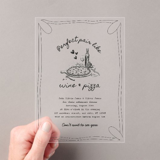 手描きワインとピザアクリルリハーサルディナー アクリル招待状 (インサイチュ (ポータブル))