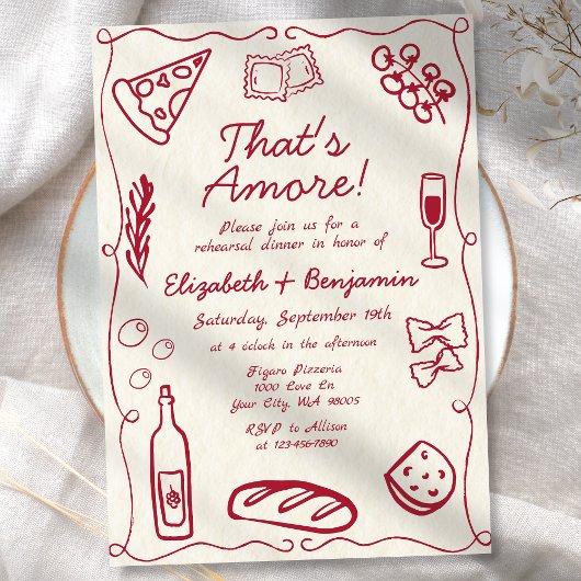 手描きワインレッドレトロリハイタリアンーサルディナー 招待状