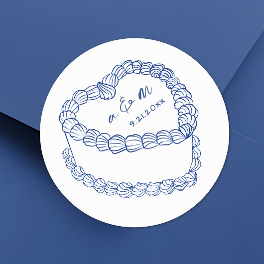 手描きヴィンテージケーキブルーお洒落ズ結婚 ラウンドシール