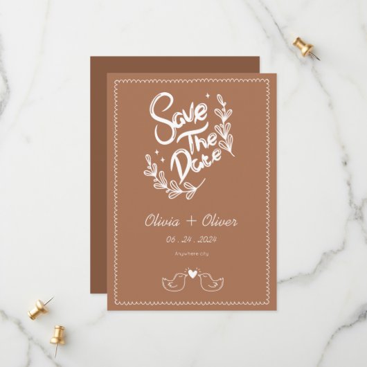 手描きヴィンテージフランスのテラコッタ結婚ズ セーブザデート (正面/裏面インサイチュ)