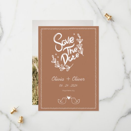 手描きヴィンテージフランスのテラコッタ結婚ズ セーブザデート (正面/裏面インサイチュ)