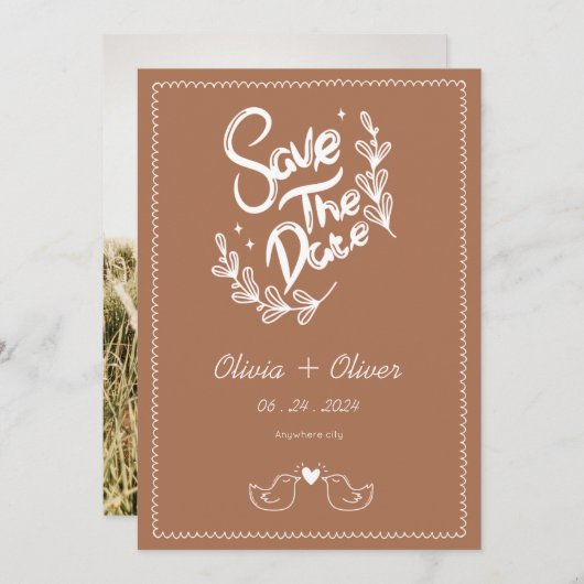 手描きヴィンテージフランスのテラコッタ結婚ズ セーブザデート (正面/裏面)