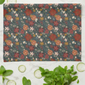 手描きヴィンテージ冬花模様ダークグリーン キッチンタオル (折り畳み)