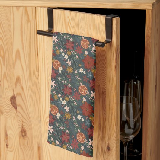 手描きヴィンテージ冬花模様ダークグリーン キッチンタオル (三つ折り)