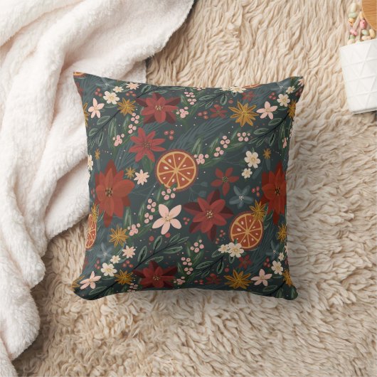 手描きヴィンテージ冬花模様ダークグリーン クッション (ブランケット)