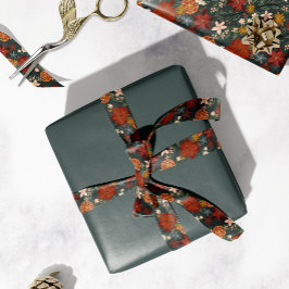 手描きヴィンテージ冬花模様ダークグリーン サテンリボン