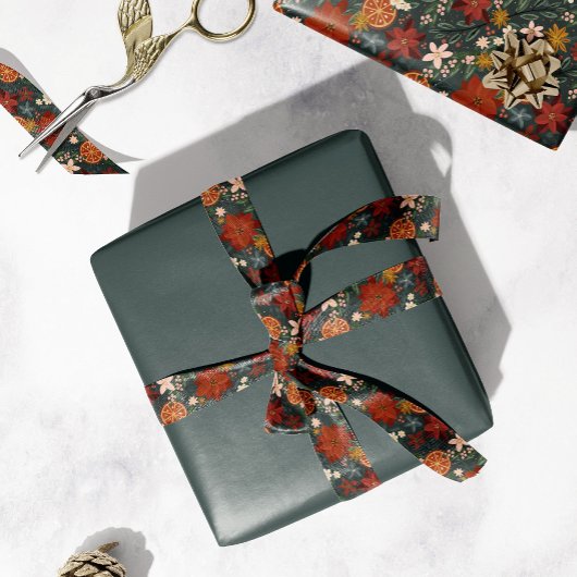 手描きヴィンテージ冬花模様ダークグリーン サテンリボン