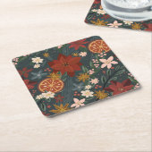 手描きヴィンテージ冬花模様ダークグリーン スクエアペーパーコースター (アングル)