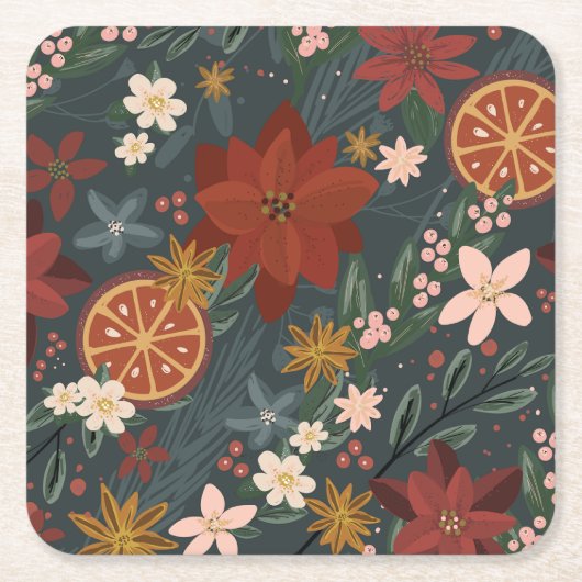 手描きヴィンテージ冬花模様ダークグリーン スクエアペーパーコースター (正面)