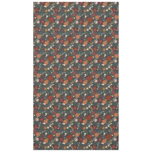 手描きヴィンテージ冬花模様ダークグリーン テーブルクロス (正面)