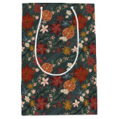 手描きヴィンテージ冬花模様ダークグリーン ミディアムペーパーバッグ (正面)