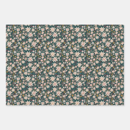 手描きヴィンテージ冬花模様ダークグリーン ラッピングペーパーシート (正面2)