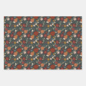 手描きヴィンテージ冬花模様ダークグリーン ラッピングペーパーシート (正面)