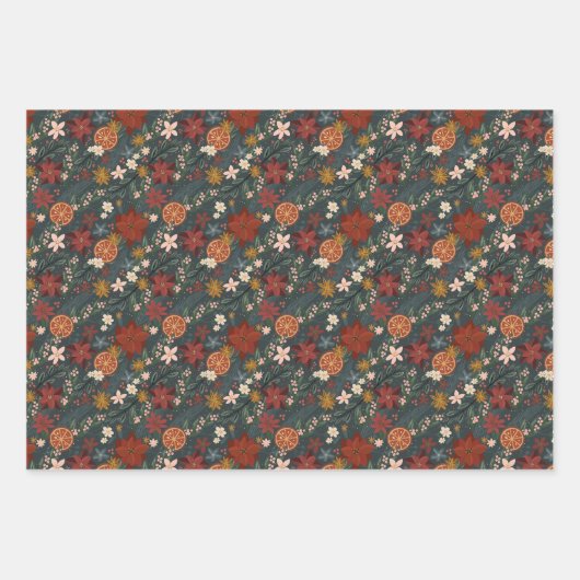 手描きヴィンテージ冬花模様ダークグリーン ラッピングペーパーシート (正面)
