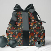 手描きヴィンテージ冬花模様ダークグリーン ラッピングペーパー