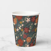 手描きヴィンテージ冬花模様ダークグリーン 紙コップ (裏面)