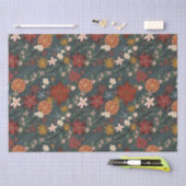 手描きヴィンテージ冬花模様ダークグリーン 薄葉紙 (クラフト)