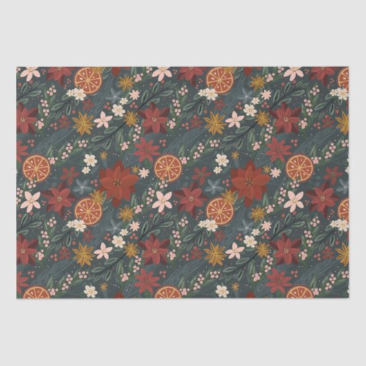 手描きヴィンテージ冬花模様ダークグリーン 薄葉紙 (正面)