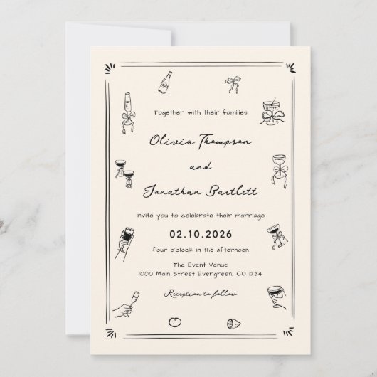 手描き予測できな白黒オールドマネー結婚ズ 招待状 (正面)