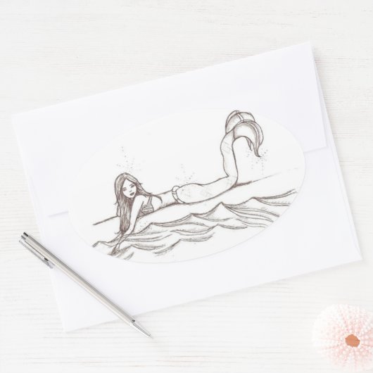 手描き人魚のアートエレガント楕円シール 楕円形シール (封筒)