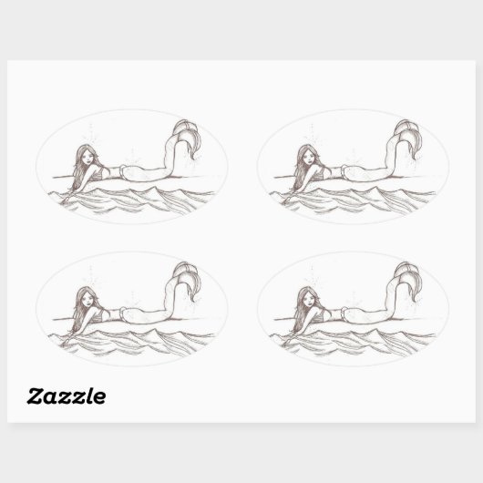 手描き人魚のアートエレガント楕円シール 楕円形シール (シート)