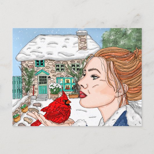手描き冬の日、英語コテージ ポストカード (正面)