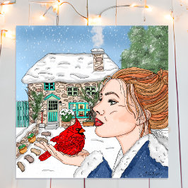 手描き冬の日、英語コテージ メタルプリント