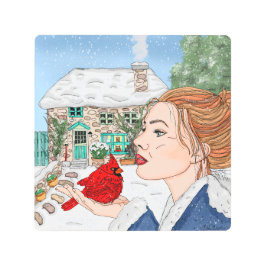 手描き冬の日、英語コテージ メタルプリント