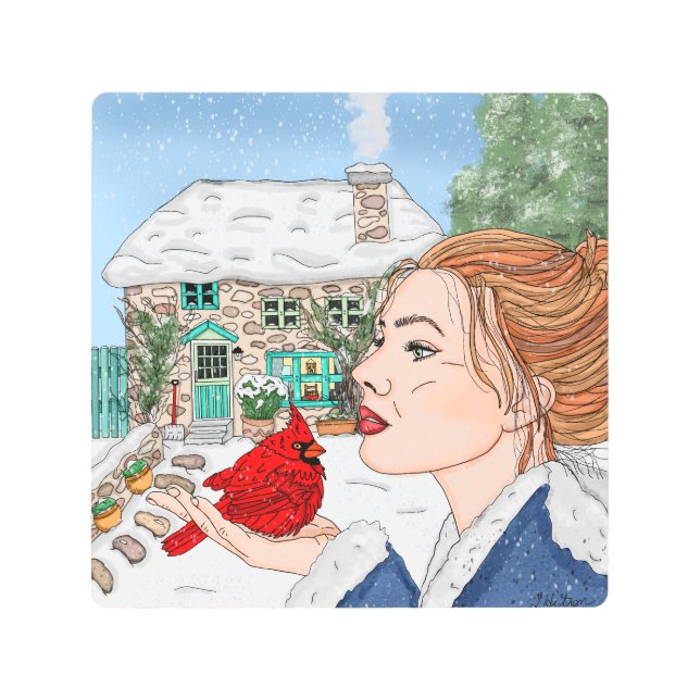 手描き冬の日、英語コテージ メタルプリント (正面)