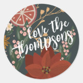 手描き冬の花模様とオレンジ ラウンドシール (正面)