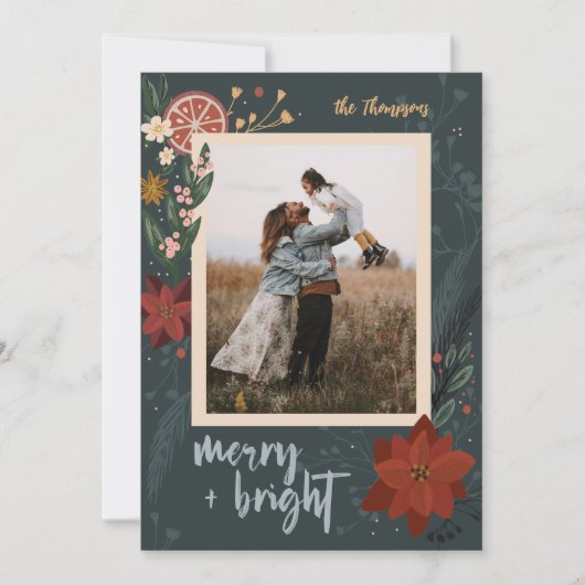 手描き冬の花模様&オレンジのフォトカード シーズンカード (正面)