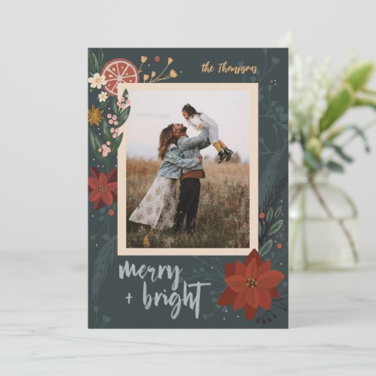 手描き冬の花模様&オレンジのフォトカード シーズンカード (スタンド正面)