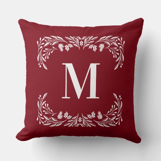 手描き冬の葉モノグラムクリスマス クッション (正面)