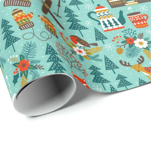手描き冬スキー野生動物自然ギフト ラッピングペーパー (ロールコーナー)