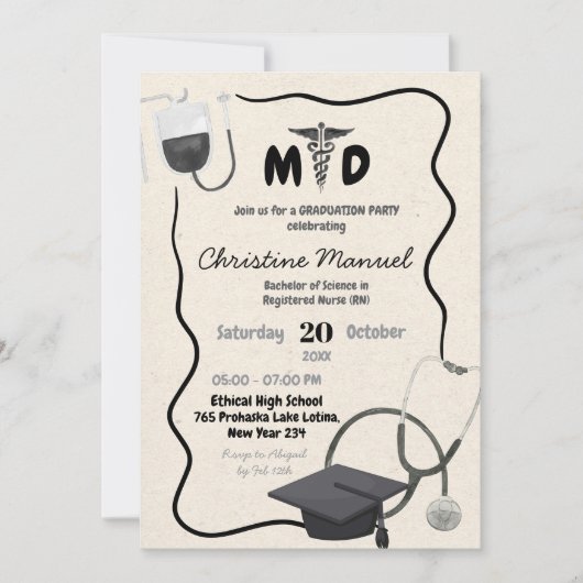 手描き医師卒業 招待状 (正面)