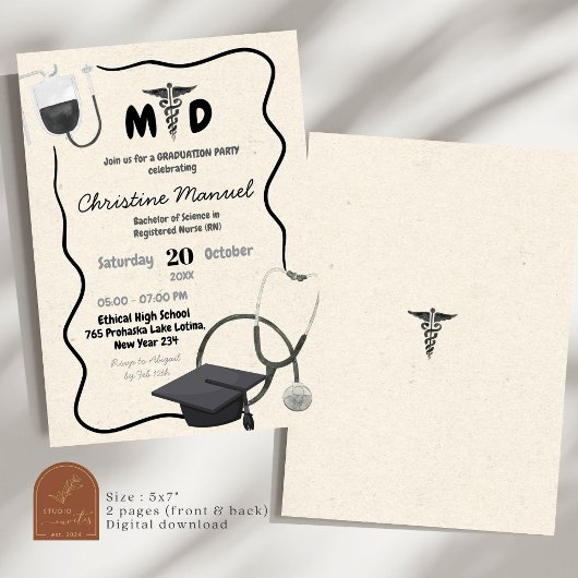 手描き医師卒業 招待状