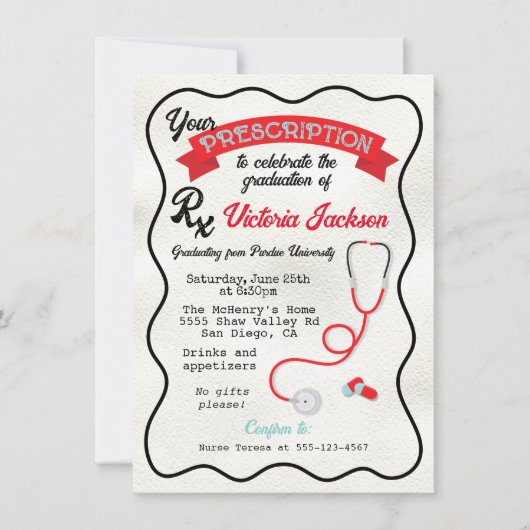 手描き医療用処方箋の波形卒業 招待状 (正面)