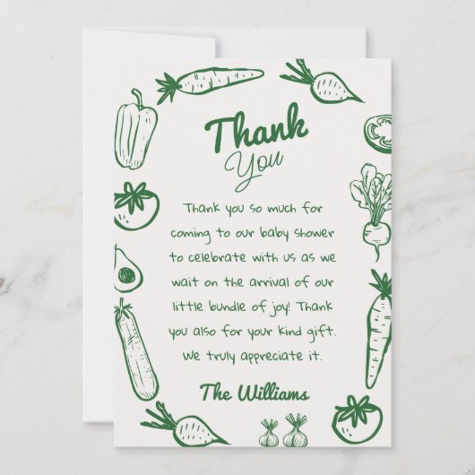 手描き地元で栽培された野菜ベビーシャワー サンキューカード (正面)