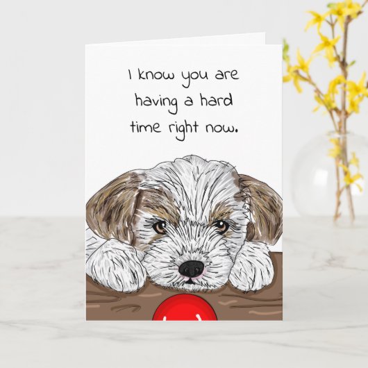 手描き子犬 |懸命時間 カード (黄色い花)