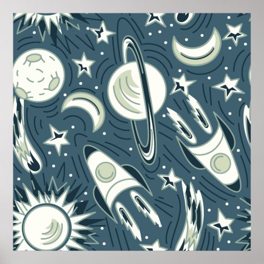 手描き宇宙シームレスヴィンテージパターン。惑星 ポスター (正面)