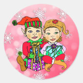 手描き小妖精や小人の女の子とギフトを持つ男の子 ラウンドシール (正面)