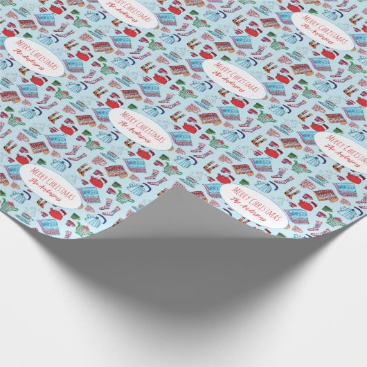 手描き居心地の良いクリスマスパーソナライズされたスカンジブルー ラッピングペーパー (角)